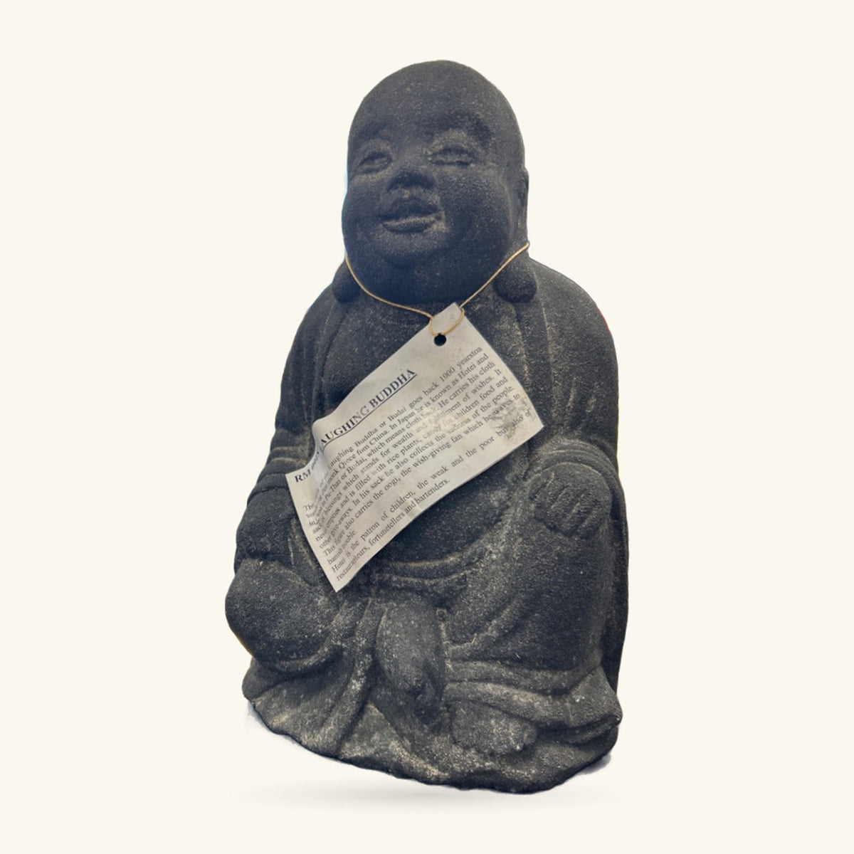Stone laughing Buddha statue, 25cm tall, dark grey with weathered finish, seated pose with serene expression