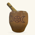 Wooden mortar and pestle with double moon and pentagram symbol, olive handle