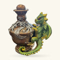 Bronze potion bottle with ornate moon and star design, held by a green and gold dragon figurine