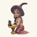 Ceramic witch figurine in pink dress and burgundy hat, kneeling beside small wooden table with owl and book.