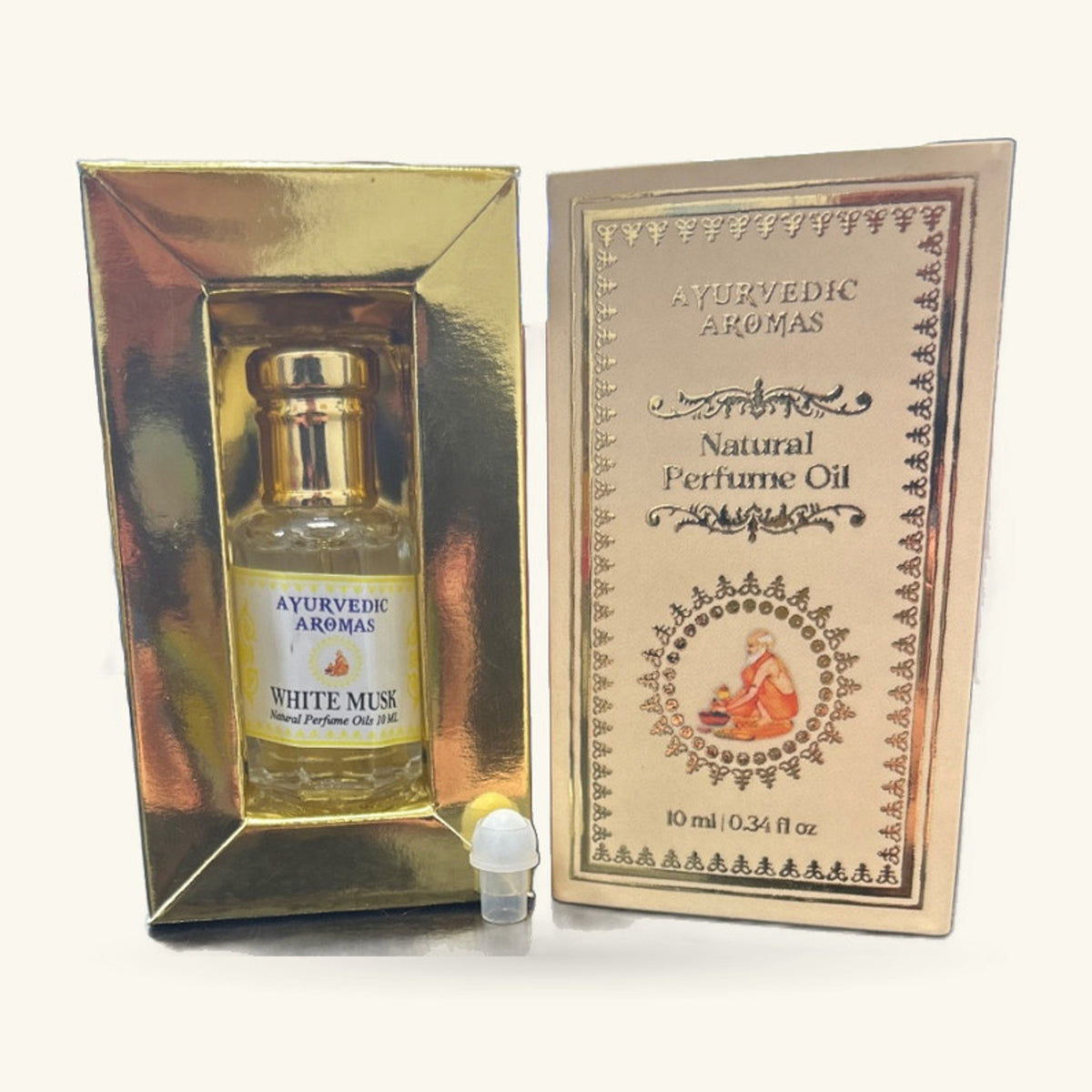 Ayurvedic Aromas White Musk Natural Perfume Oil 10ml in gold foil box with decorative packaging