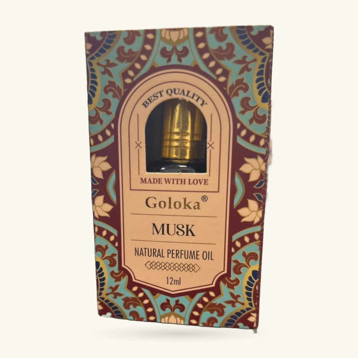 Goloka Musk Natural Perfume Oil 12ml in decorative box with turquoise and burgundy patterned packaging