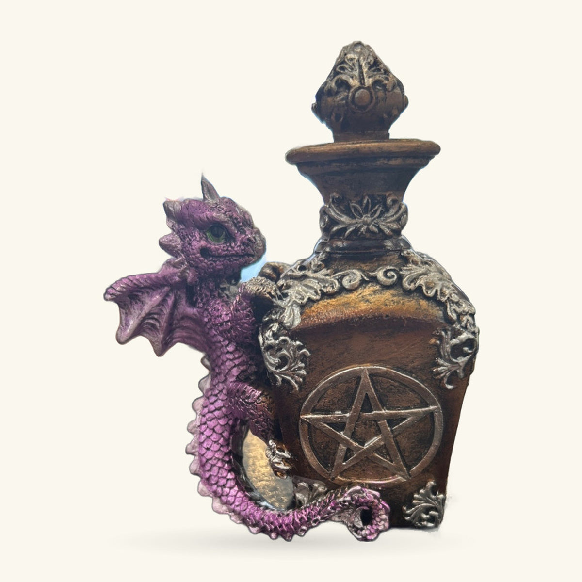Purple dragon wrapped around a bronze potion bottle with pentagram symbol and ornate finial top