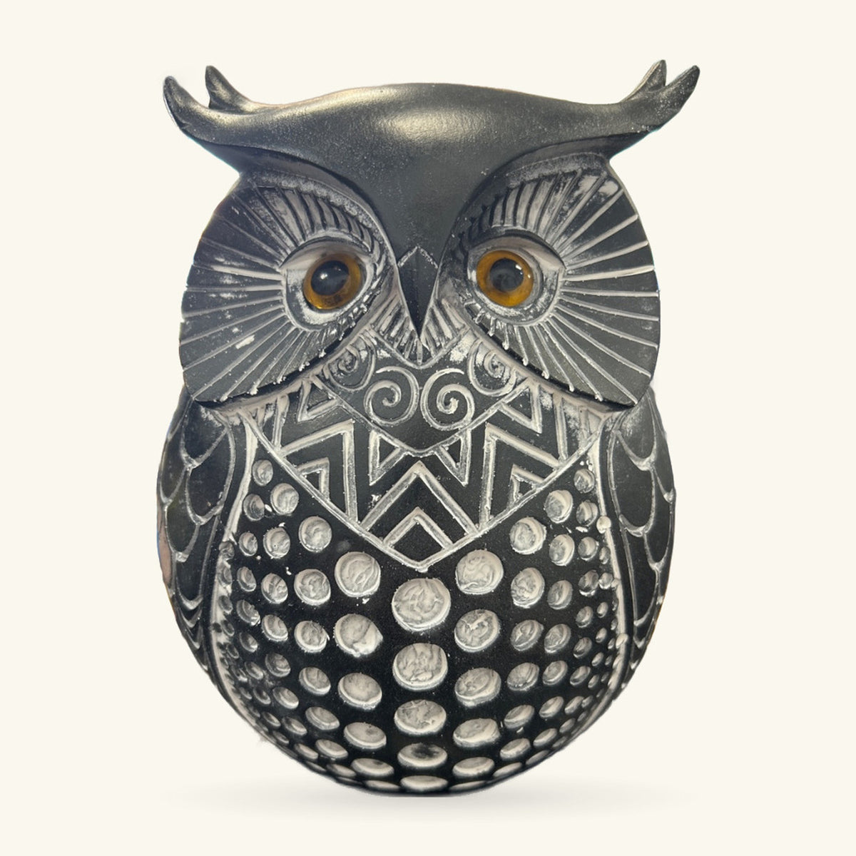 Black and white patterned large owl ornament with amber eyes and detailed metallic finish