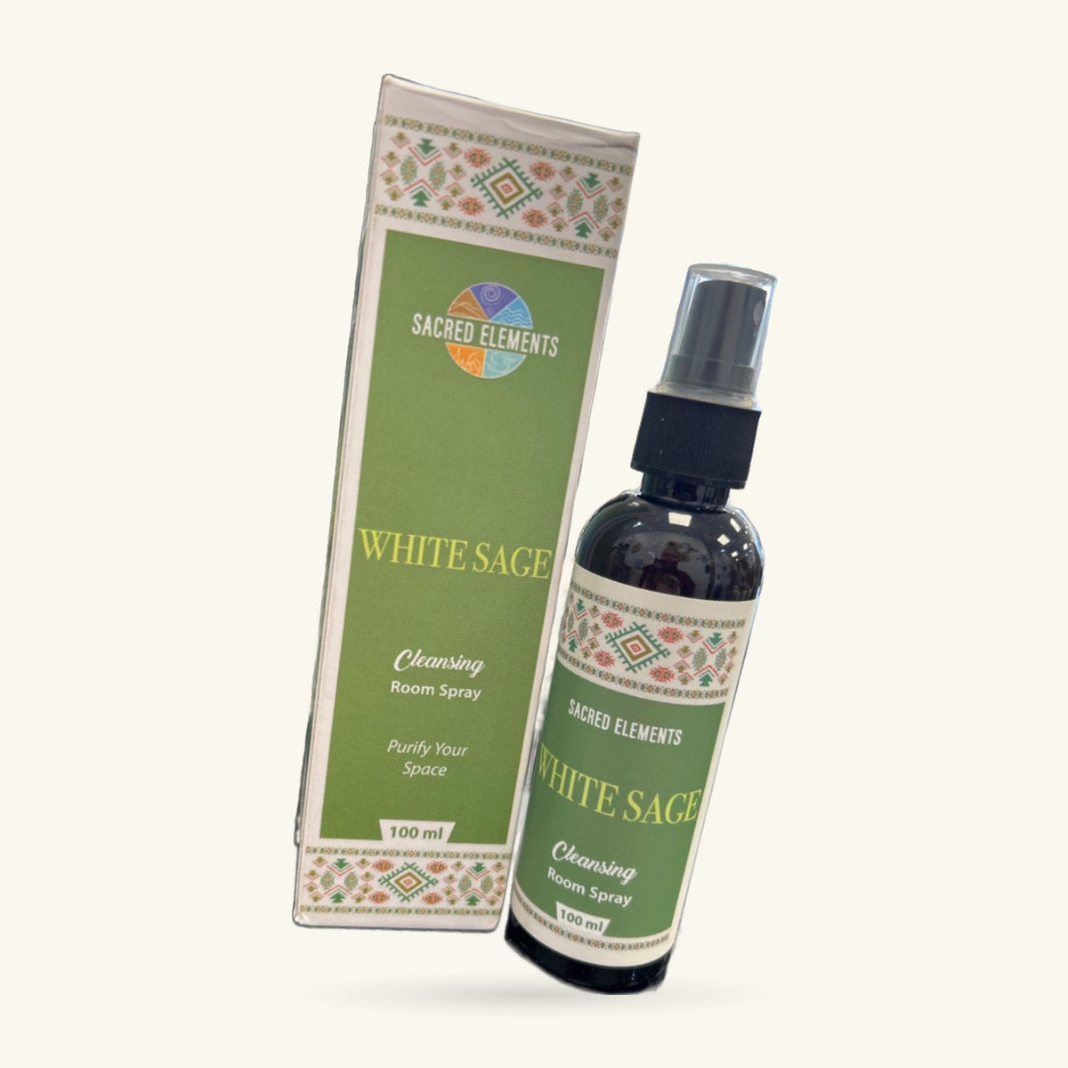 Sacred Elements White Sage room spray with decorative box and 100ml spray bottle against neutral background